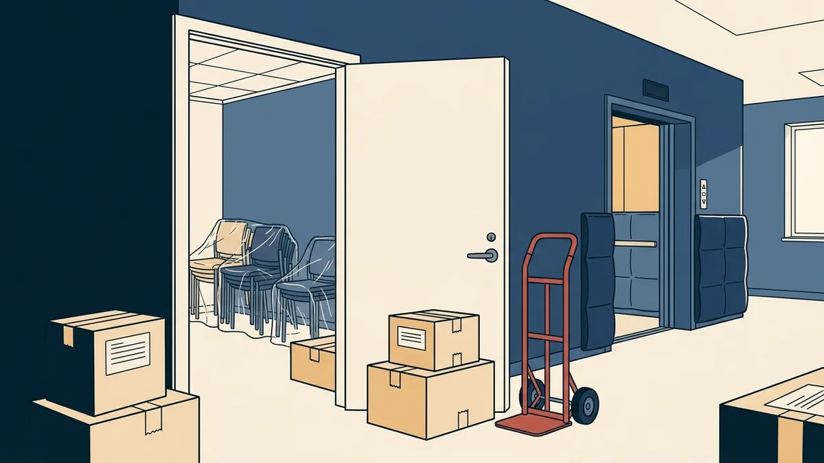 Moving boxes and a hand truck in the doorway of a new clinic suite, with a group room's chairs still stacked inside.