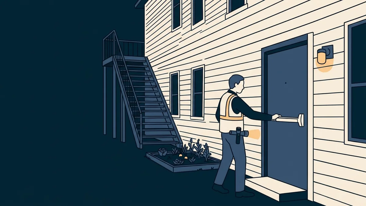 A state inspector testing the panic bar on the rear fire exit of a two-story residential treatment house at dusk.