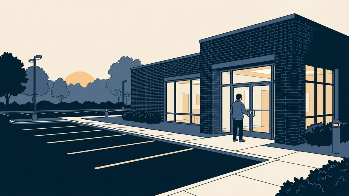 The exterior of a single-story opioid treatment clinic at sunrise, a staff member unlocking the front door as lights come on inside.