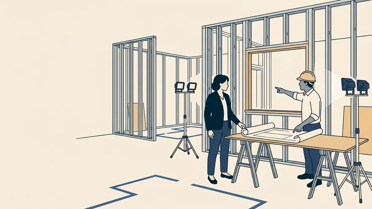 A program sponsor and an architect walking an unfinished clinic build-out where the dispensing window will go, with tape outlines on the concrete floor.