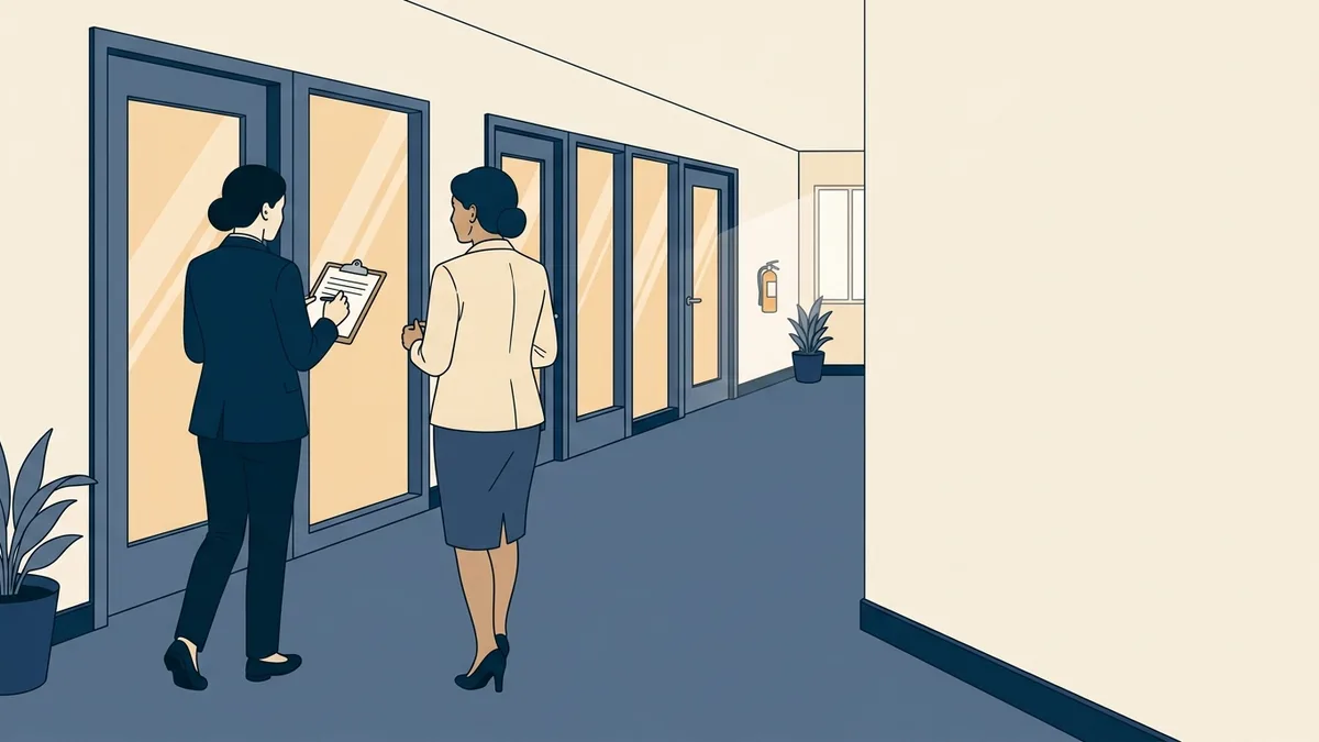 A state inspector with a clipboard walking a clinic hallway beside the program director, passing a row of counseling room doors.