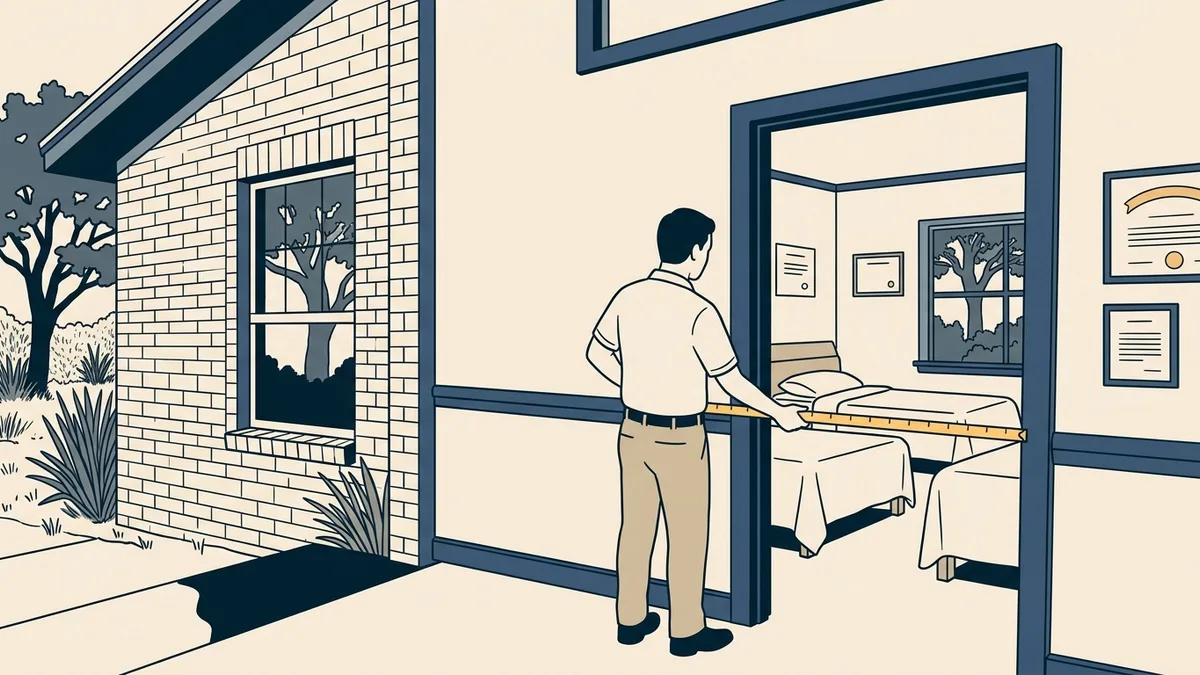 A licensing inspector measuring a bedroom doorway in a single-story brick residential treatment facility in Texas.